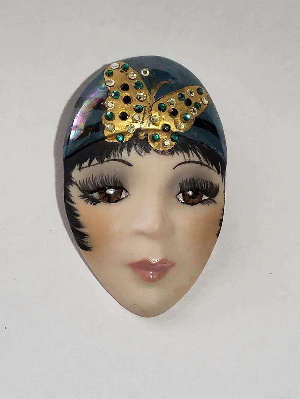 Vintage Hahdmade Porcelain Face Brooch with Gold Butterfly Accent  Made By Miray